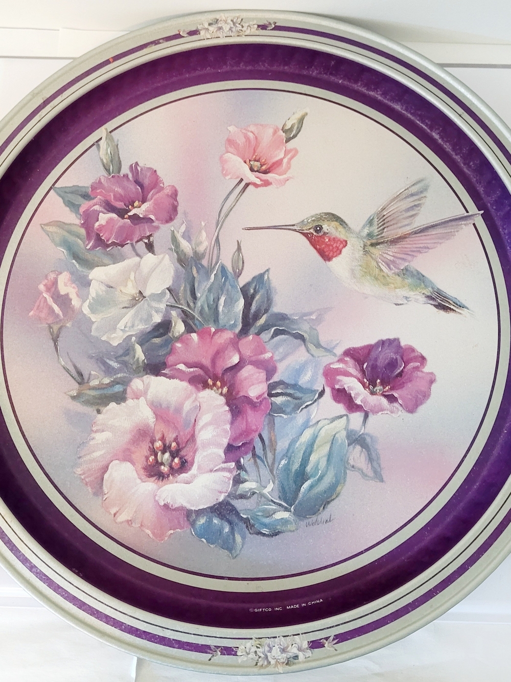 Floral Hummingbird Decorative Wall Tray in Purple and Pink Tin Metal